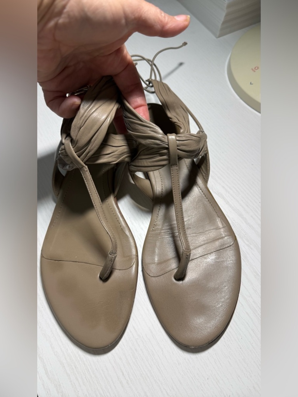 Burberry Taupe Leather Knot-Tie Sandals